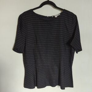 Loft Black & White Pinstripe Peplum Blouse Lyocell Short Sleeve Women's Size 10